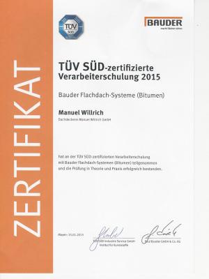 TÜV Zertifikat Verarbeitungsschulung Fa. Bauder
