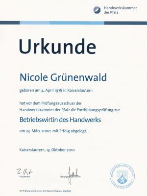 Urkunde Nicole Willrich-Grünenwald, Betriebswirtin des Handwerks